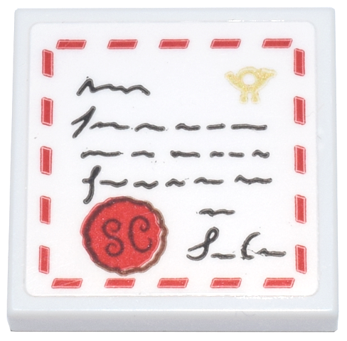 Tile 2 x 2 with Letter with Gold Mail Horn, Black Script and Signature, Red Dashed Line Border and Seal with 'SC' Pattern (Sticker) - Set 10339