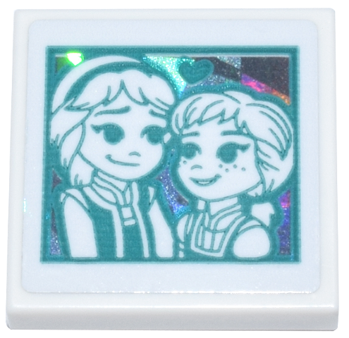 Tile 2 x 2 with Picture of Anna and Elsa with Dark Turquoise Heart and Outlines on Silver Holographic Background Pattern (Sticker) - Set 43244