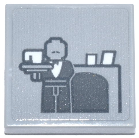 Tile 2 x 2 with Dark Bluish Gray Alfred Pennyworth Minifigure with White Shirt, Cup and Cards on Fireplace Pattern (Sticker) - Set 76271