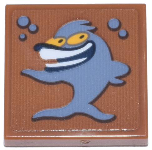 Tile 2 x 2 with Sand Blue Bubbles and Laughing Fish with Bright Light Orange Eyes and Dark Blue and White Smile Pattern (Sticker) - Set 76271