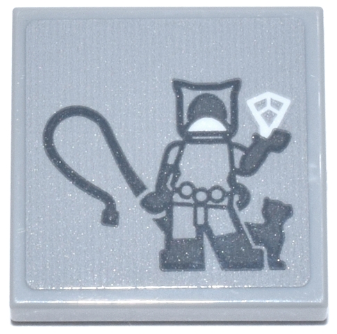 Tile 2 x 2 with Dark Bluish Gray Catwoman Minifigure with Cat, Whip and White Jewel Pattern (Sticker) - Set 76271
