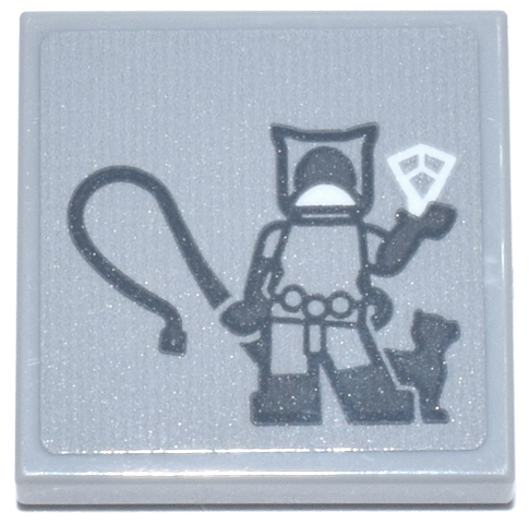 Tile 2 x 2 with Dark Bluish Gray Catwoman Minifigure with Cat, Whip and White Jewel Pattern (Sticker) - Set 76271