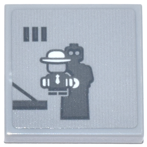 Tile 2 x 2 with Dark Bluish Gray Ventriloquist Minifigure with Scarface Puppet in Prison Cell Pattern (Sticker) - Set 76271