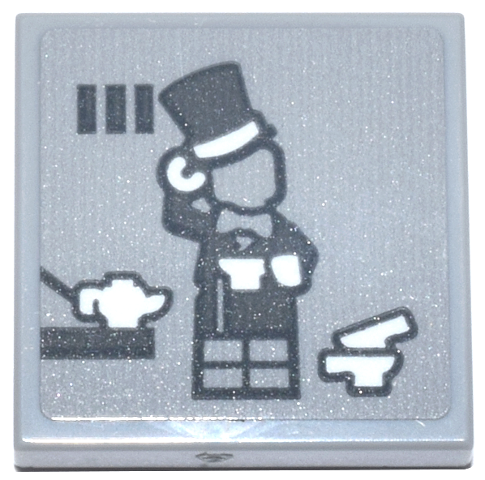 Tile 2 x 2 with Dark Bluish Gray Mad Hatter Minifigure with White Hands, Cups and Teapot in Prison Cell Pattern (Sticker) - Set 76271