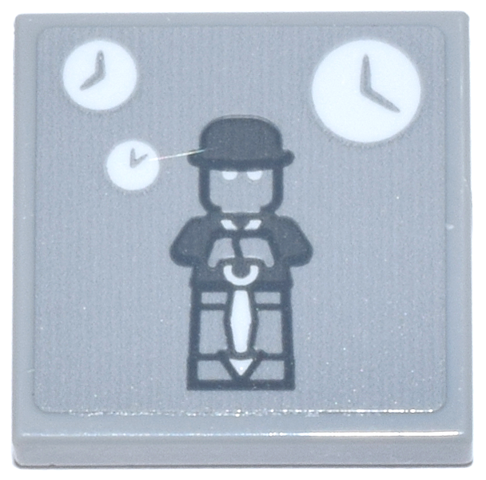 Tile 2 x 2 with Dark Bluish Gray Clock King Minifigure with White Clocks and Clock Hand Pattern (Sticker) - Set 76271
