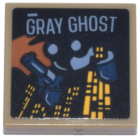 Tile 2 x 2 with Sand Blue and Dark Blue Eyes, Hand and Gun, 'GRAY GHOST', Bright Light Orange Building Windows and Dark Orange Sky Pattern (Sticker) - Set 76271