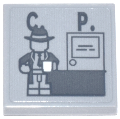 Tile 2 x 2 with Dark Bluish Gray Detective Harvey Bullock Minifigure with Desk, 'C.' and 'P.' Pattern (Sticker) - Set 76271