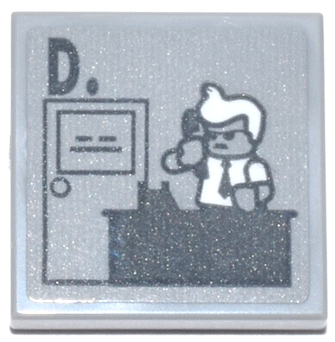 Tile 2 x 2 with Dark Bluish Gray Commissioner James Gordon Minifigure with Desk and 'D.', White Hair and Shirt Pattern (Sticker) - Set 76271