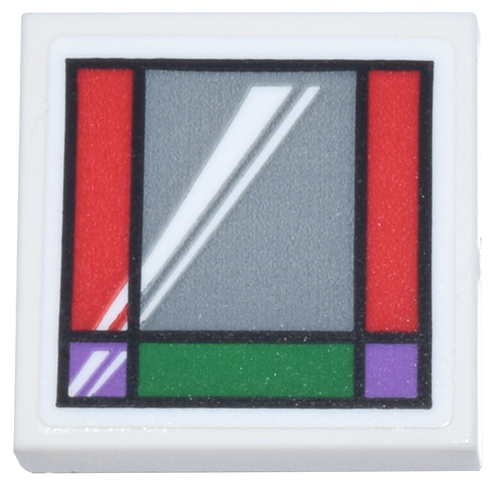 Tile 2 x 2 with Black, Green, Medium Lavender, and Red Window Frame with Silver Window and White Reflection Pattern (Sticker) - Set 76437
