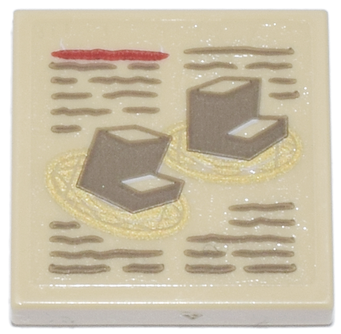 Tile 2 x 2 with Minifigure Feet on Gold Magic Energy Mandalas and Dark Tan and Red Text Pattern (Sticker) - Set 76218