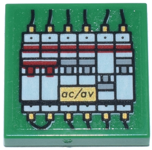 Tile 2 x 2 with Red, White, and Light Bluish Gray Circuit Breakers, Black Wires and Gold Panel with Black 'ac/av' Pattern (Sticker) - Set 76218