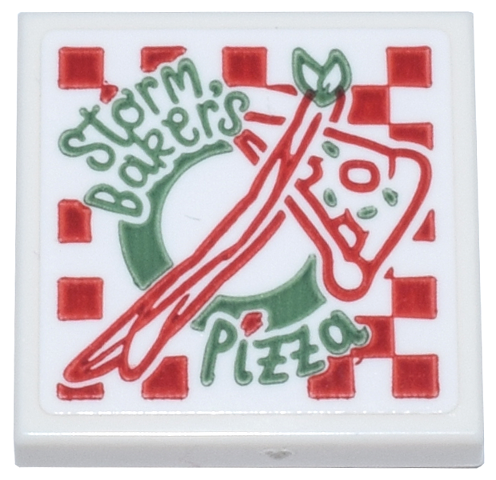 Tile 2 x 2 with Sand Green and Red 'Storm Baker's Pizza' Box Pattern (Sticker) - Set 76218