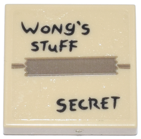 Tile 2 x 2 with Cardboard Box Top with Dark Tan Tape and Black 'WoNg's STuFF' 'SECRET' Pattern (Sticker) - Set 76218