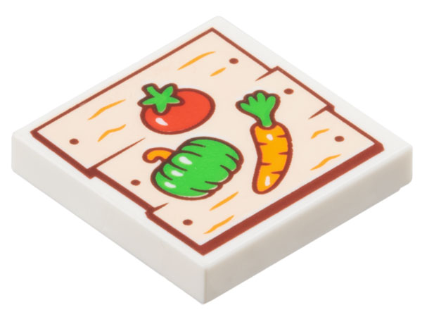 Tile 2 x 2 with Light Nougat Wood Grain Boards with Reddish Brown Nails and Red, Orange, and Bright Green Tomato, Paprika / Pepper, and Carrot Pattern