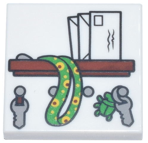 Tile 2 x 2 with Reddish Brown Shelf, Letters, Light Bluish Gray Keys, Bright Green Sunflower Lanyard and Beetle Key Chain Pattern