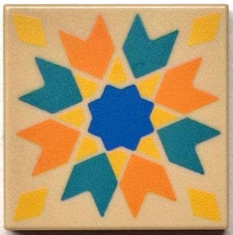 Tile 2 x 2 with Dark Turquoise and Orange Chevrons, Yellow Diamonds, Blue Star Pattern