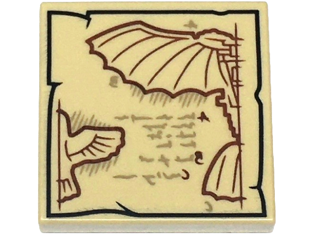 Tile 2 x 2 with Black Tattered Edge Border, Dark Tan Writing, Dark Red Bird Wing and Flying Machine Blueprint Pattern