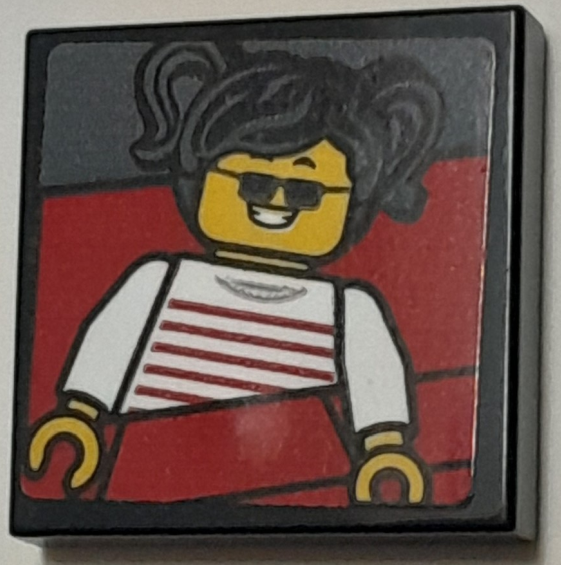 Tile 2 x 2 with Photo of Girl Minifigure with Black Hair, Sunglasses and White Striped Top in Red Roller Coaster Seat Pattern (Sticker) - Set 40429