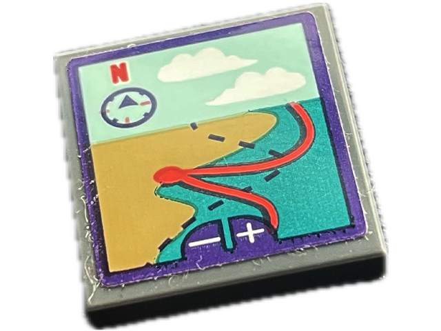 Tile 2 x 2 with GPS Map Screen with Beach, Compass, Coral Capital Letter N and Navigation Line with Dark Purple Border Pattern (Sticker) - Set 41716