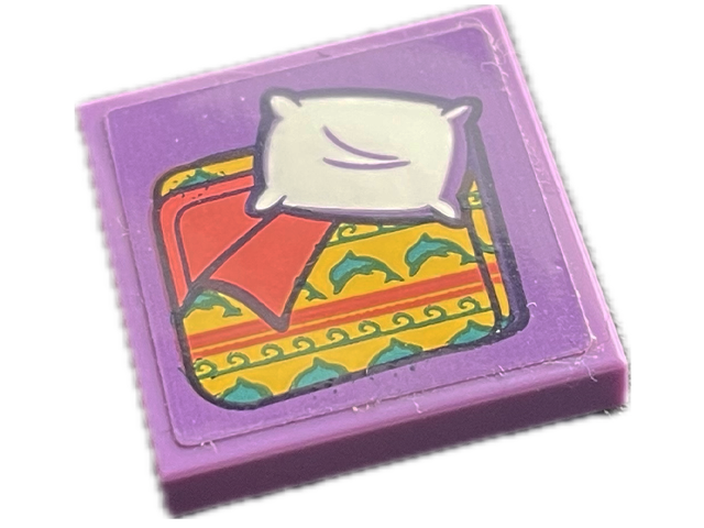 Tile 2 x 2 with White Pillow, Coral and Yellow Blanket with Dark Turquoise Dolphins Pattern (Sticker) - Set 41716