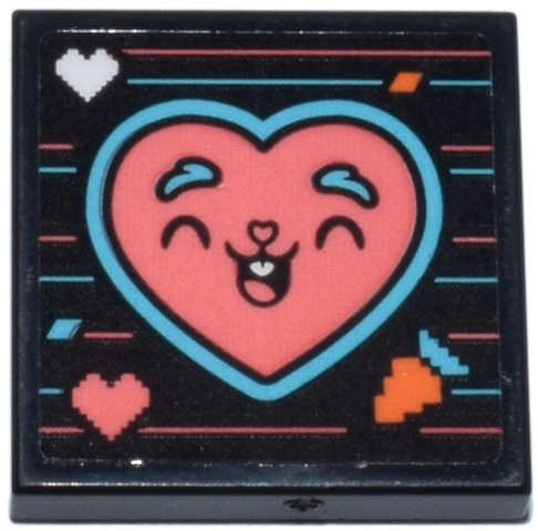 Tile 2 x 2 with Medium Azure and Coral Stripes and Heart with Smiling Face, Pixelated Orange Carrot and Diamond Pattern (Sticker) - Set 71490