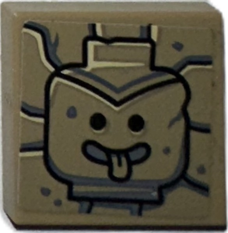Tile 2 x 2 with Black and Dark Bluish Gray Idol Minifigure Head, Tongue Sticking Out on Stone Background Pattern (Sticker) - Set 77015