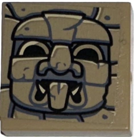 Tile 2 x 2 with Black and Dark Bluish Gray Idol Head, Fangs and Tongue Sticking Out on Stone Background Pattern (Sticker) - Set 77015