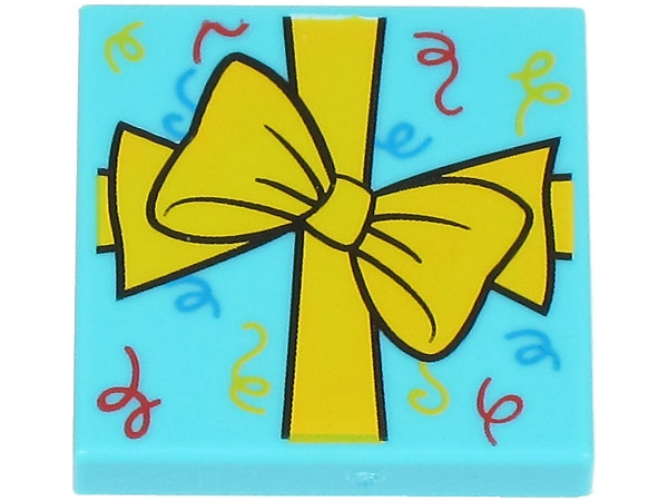 Tile 2 x 2 with Present / Gift with Ribbon with Bow and Red, Bright Light Orange and Dark Azure Scrolls Pattern (BAM)