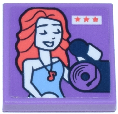 Tile 2 x 2 with Woman Singing with Coral Hair, Medium Blue Top, Dark Blue Record and Microphone, White Sign with Stars Pattern (Sticker) - Set 42647