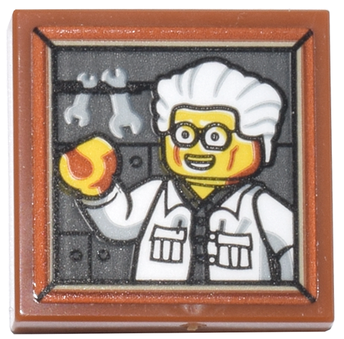 Tile 2 x 2 with Framed Picture of Dr. Julien Minifigure with Glasses and White Lab Coat and Light Bluish Gray Wrenches Pattern (Sticker) - Set 71837