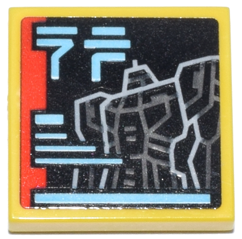Tile 2 x 2 with Mech, Red Rectangle, Medium Azure Lines and Ninjago Logogram 'NP' Pattern (Sticker) - Set 71837
