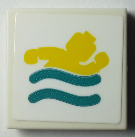 Tile 2 x 2 with Yellow Swimming Minifigure and Dark Turquoise Waves Pattern (Sticker) - Set 40385