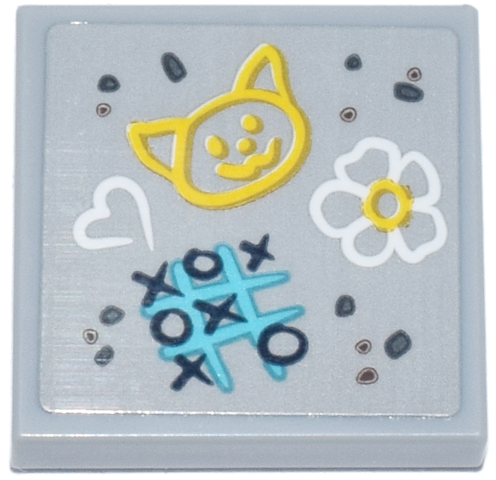 Tile 2 x 2 with Dark Bluish Gray Spots, Yellow Cat, Medium Azure Tic Tac Toe, White Heart and Flower Sidewalk Chalk Drawings Pattern (Sticker) - Set 42670
