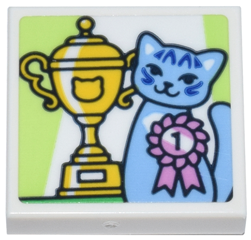 Tile 2 x 2 with Photograph of Bright Light Blue Cat with Bright Pink Award Ribbon Number 1, Yellow Trophy Cup on White and Yellowish Green Background Pattern (Sticker) - Set 42670