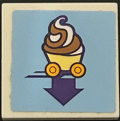 Tile 2 x 2 with Frozen Yogurt Swirls in Cup with Wheels and Dark Purple Down Arrow on Bright Light Blue Background Pattern (Sticker) - Set 41320