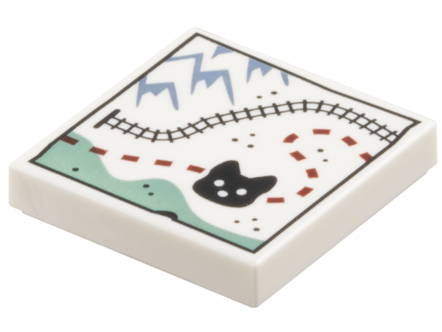 Tile 2 x 2 with Map, Sand Blue Mountains, Black Train Tracks and Wolf Head, Reddish Brown Dotted Line Path, Sand Green Area Pattern