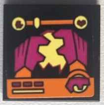 Tile 2 x 2 with Video Game Screen with Health Bar, Magenta and Orange Minifigure Arms and Gorilla Fist Hands and Bright Light Yellow Fire Pattern (Sticker) - Set 60388