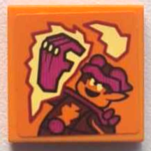 Tile 2 x 2 with Magenta, Reddish Brown and Orange Video Game Minifigure with Gorilla Fist Hand and Bright Light Yellow Fire Pattern (Sticker) - Set 60388