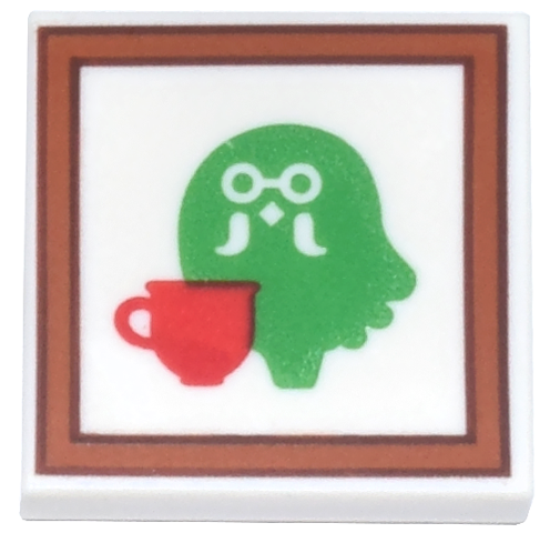 Tile 2 x 2 with Green Owl (Brewster), Red Coffee Cup and Reddish Brown and Dark Brown Frame Pattern