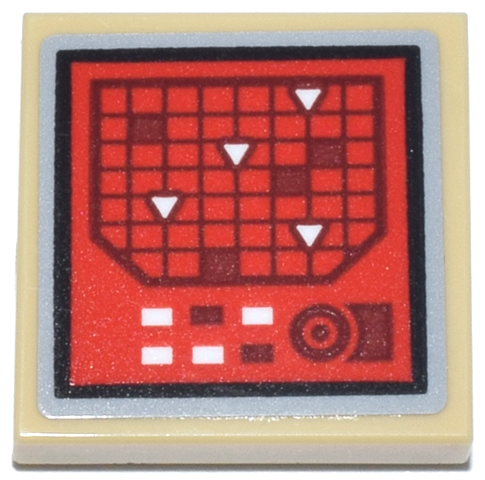 Tile 2 x 2 with Red Console Screen, Dark Red Grid, White Triangles and Buttons, Light Bluish Gray Border Pattern (Sticker) - Set 75435
