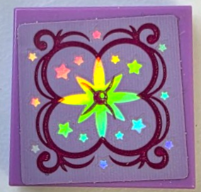 Tile 2 x 2 with Cushion with Iridescent Mirrored Flower and Stars, Magenta Filigree and Button on Lavender Background Pattern (Sticker) - Set 41686