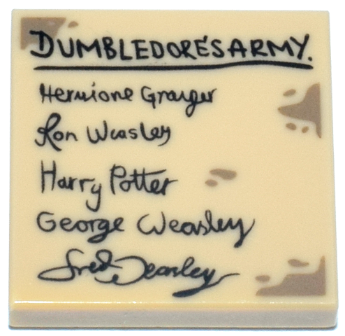 Tile 2 x 2 with Black 'DUMBLEDORE'S ARMY' 'Hermione Granger' 'Ron Weasley' 'Harry Potter' 'George Weasley' 'Fred Weasley' with Dark Tan Dirt Marks Pattern