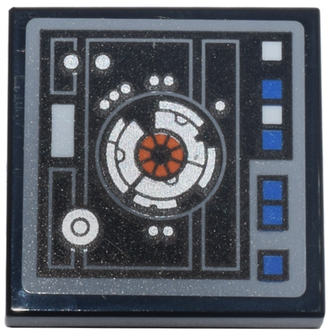 Tile 2 x 2 with Control Panel, Light Bluish Gray Lines, Silver and Dark Orange SW Data Port, Blue Square Buttons Pattern (Sticker) - Set 75419