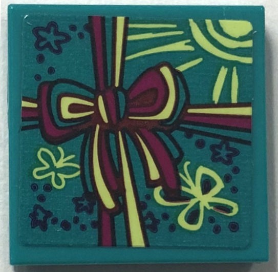 Tile 2 x 2 with Present / Gift with Ribbon with Bow, Butterflies, Flowers and Sun Pattern (Sticker) - Set 43202