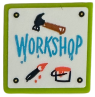 Tile 2 x 2 with Hammer, Paint, Paintbrush and Medium Azure 'WORKSHOP' on White Background Pattern (Sticker) - Set 42652