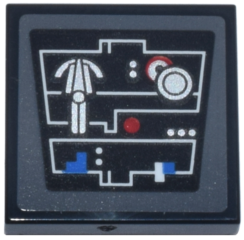 Tile 2 x 2 with Control Panel, White Angled Lines, Silver Dial, Red Circle Lights and Buttons, Blue Square and Shape Pattern (Sticker) - Set 75419