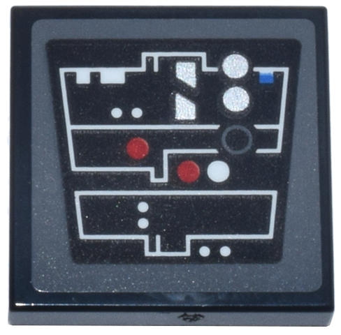 Tile 2 x 2 with Control Panel, White Angled Lines, Silver and Red Lights and Buttons, 1 Blue Square, Dark Bluish Gray Circle Pattern (Sticker) - Set 75419