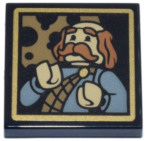 Tile 2 x 2 with Bald Tan Minifigure, Medium Nougat Hair and Moustache, Sand Blue Shirt, Dark Tan Sash in Gold Frame Pattern (Sticker) - Set 76457