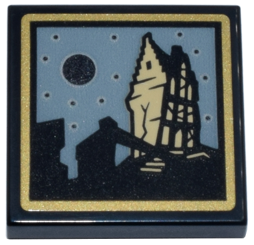 Tile 2 x 2 with Tan Shrieking Shack, Mirrored Stars and Moon, Sand Blue Sky in Gold Frame Pattern (Sticker) - Set 76457