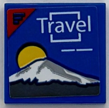 Tile 2 x 2 with White 'Travel' and Square, Yellow Sun and Snowy Mountain Pattern (Sticker) - Set 76294